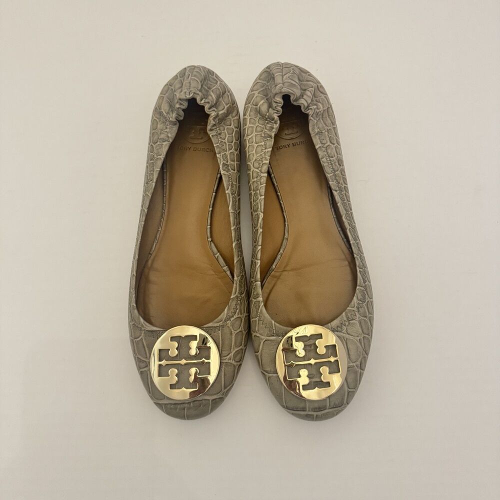 Tory Burch Reva Croc Embossed Ballet Flats Size 11M Gold Logo